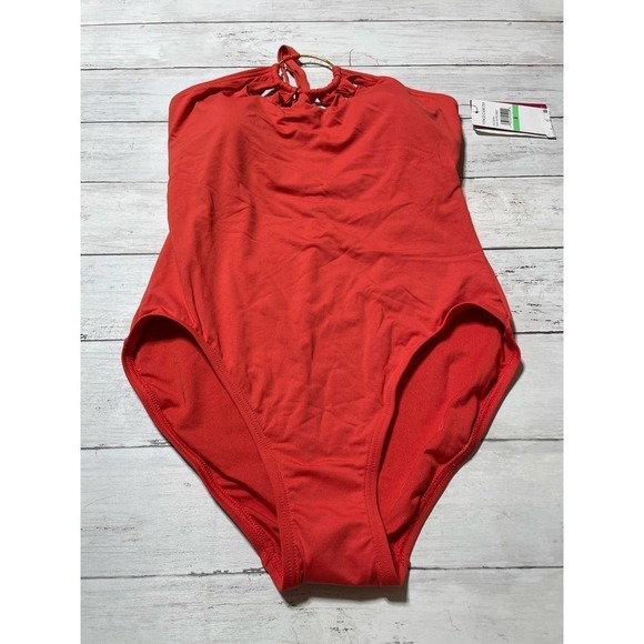 Vince Camuto Women's Logo Ring Cut Out Halter One Piece 8 Orange swimsuit boho - Picture 3 of 6